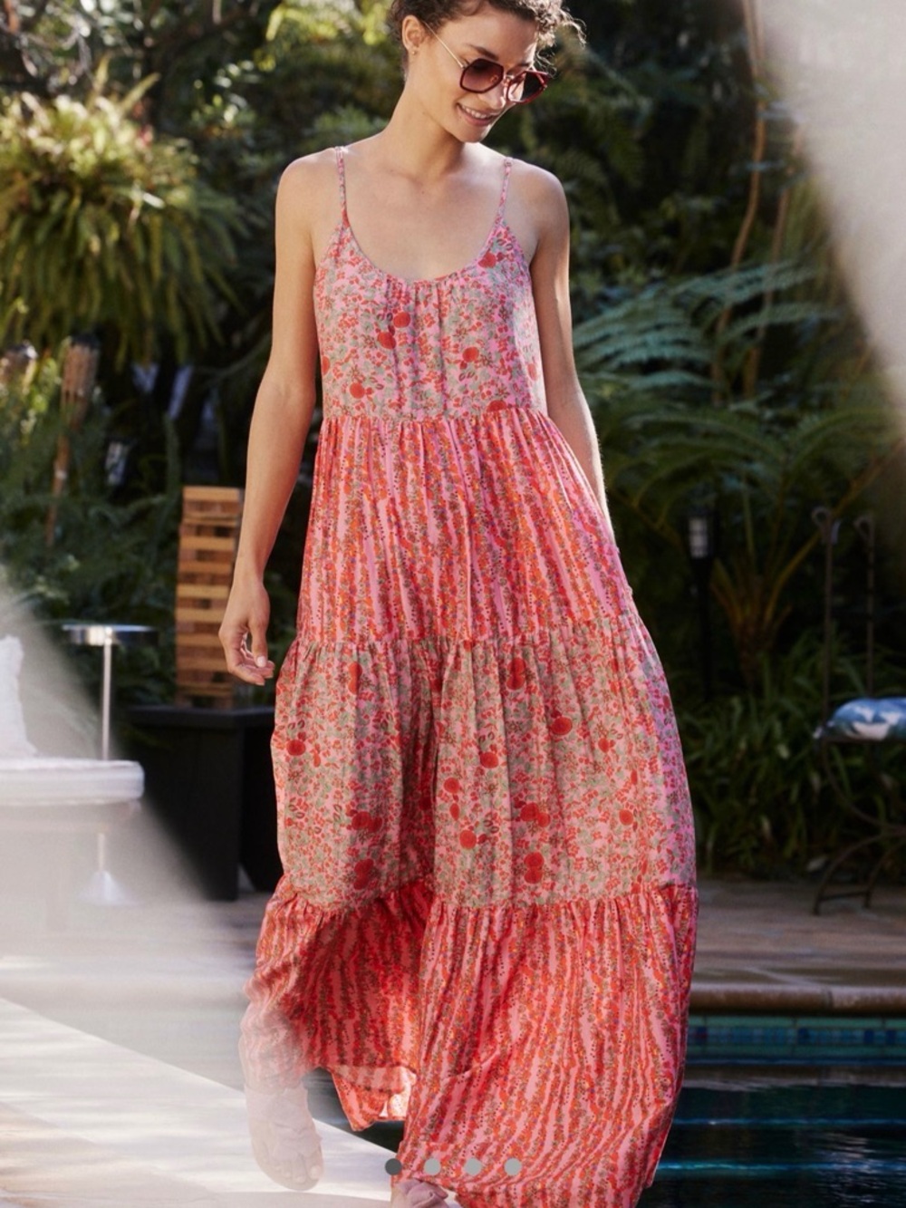 Roller Rabbit Dakota Coral Pink Floral Tiered Maxi Dress